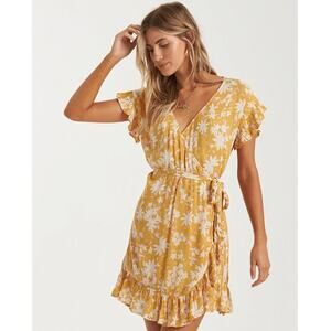 Billabong Wrap and Roll Yellow Floral Ruffle Mini Dress Coastal Girly Large